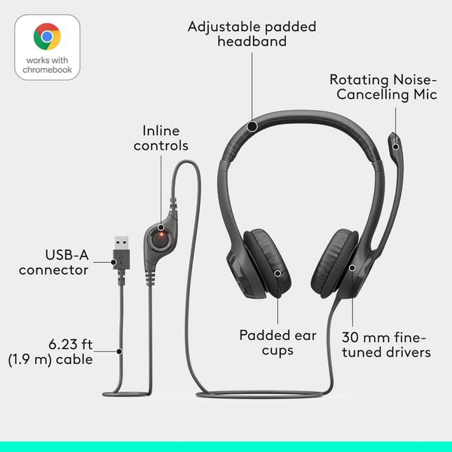 Logitech H390 USB Headset with Noise-Cancelling Microphone, Stereo Audio & USB-A