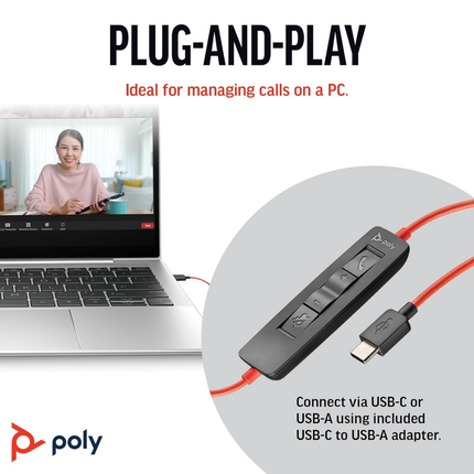 Poly Blackwire 3220 USB-A Wired Stereo Headset with Noise-Cancelling Microphone