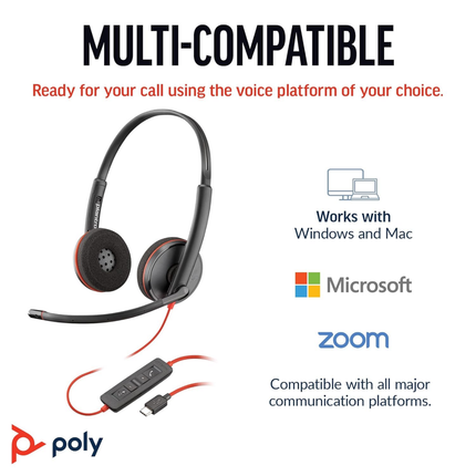 Poly Blackwire 3220 USB-A Wired Stereo Headset with Noise-Cancelling Microphone