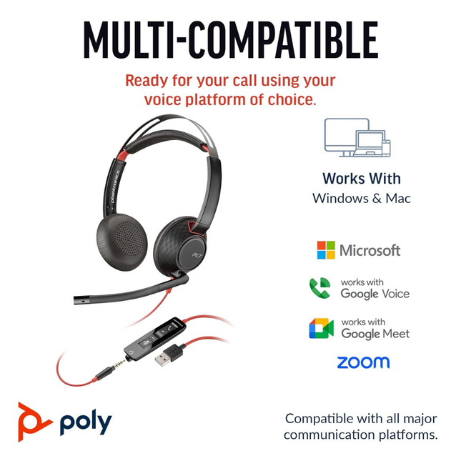 Poly Blackwire 3325 USB-A Wired Stereo Headset with Noise-Cancelling Microphone
